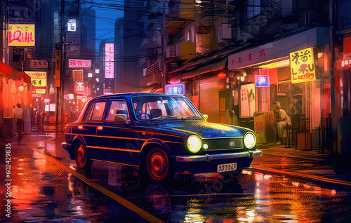 Car in an empty cyberpunk city near night lights, in the style of a psychedelic manga. Generative AI © keks20034