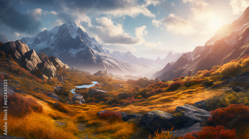 sunset in the mountains, nature, grass, skies, sunset, peace, Generated by AI sunset in the mountains, nature, grass, skies, sunset, peace, Generated by AI
