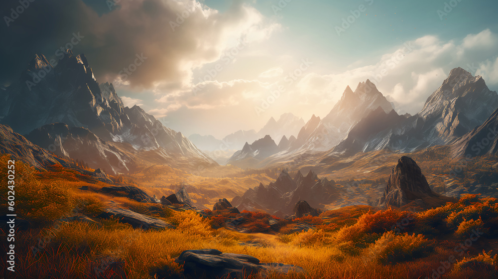 landscapes, sunset over the mountains, nature, water, grass, environment, peace, Generated by AI
