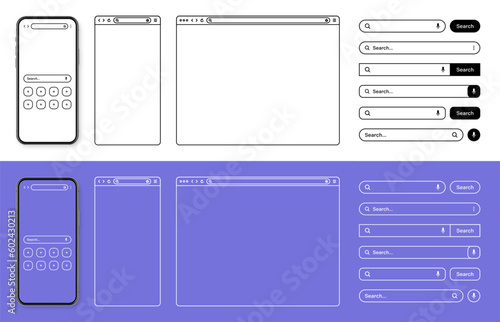 Smartphone, web browser, internet page window with toolbar and search bar, field. Modern website in flat style, line art. Blank browser mockup for computer, tablet and smartphone. Vector illustration