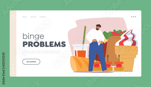 Binge Problems Landing Page Template. Obese Man Struggles To Zip Up Undersized Pants Due To The Restriction Illustration