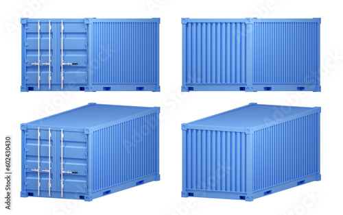 Cargo container isolated on white background. 3d render. Shipping, transportation and delivery template. Blue color. Realistic concept. Simple cartoon design. High resolution illustration