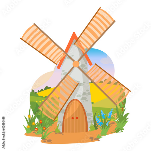 Big stone mill on the background of nature. Rural buildings. Tower. Vector illustration on a white background.