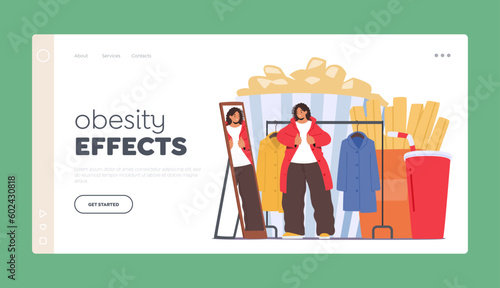 Obesity Effects Landing Page Template. Fat Woman Trying Tight Clothes Struggling To Fit, Tugging, Cartoon Illustration