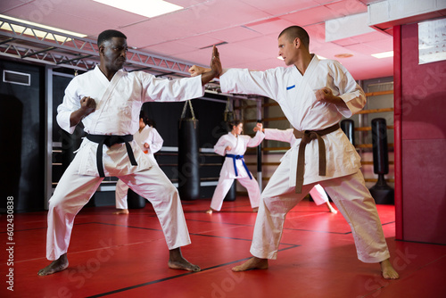 African-american and caucasian men in kimono and belts fighting against each other during karate training in gym.