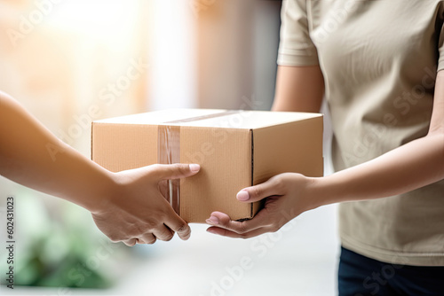 Woman hands accepting a delivery of box or parcel. Cardboard box delivery, gift concept. Generative AI © MVProductions