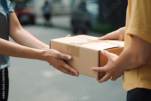 Woman hands accepting a delivery of box or parcel. Cardboard box delivery, gift concept. Generative AI