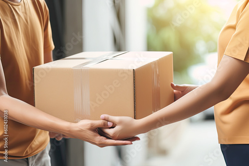 Woman hands accepting a delivery of box or parcel. Cardboard box delivery, gift concept. Generative AI