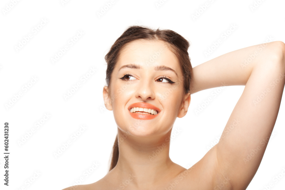 Beautiful girl close up studio portrait against white background. Beautiful girl close up studio portrait against white background.