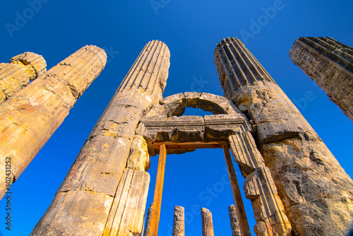  With blue sky,High resolution panoramic view Zeus temple at Uzuncaburc Ancient city located in Uzuncaburc,Silifke,Mersin,Turkey. photo