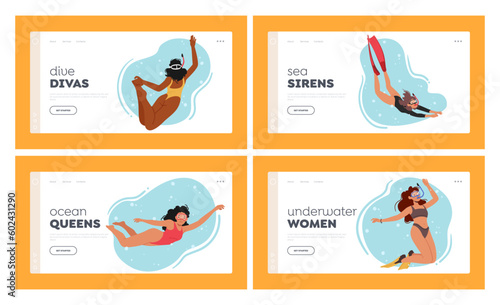 Women Diving Landing Page Template Set. Female Characters Enjoying The Sea And Exploring Marine Life