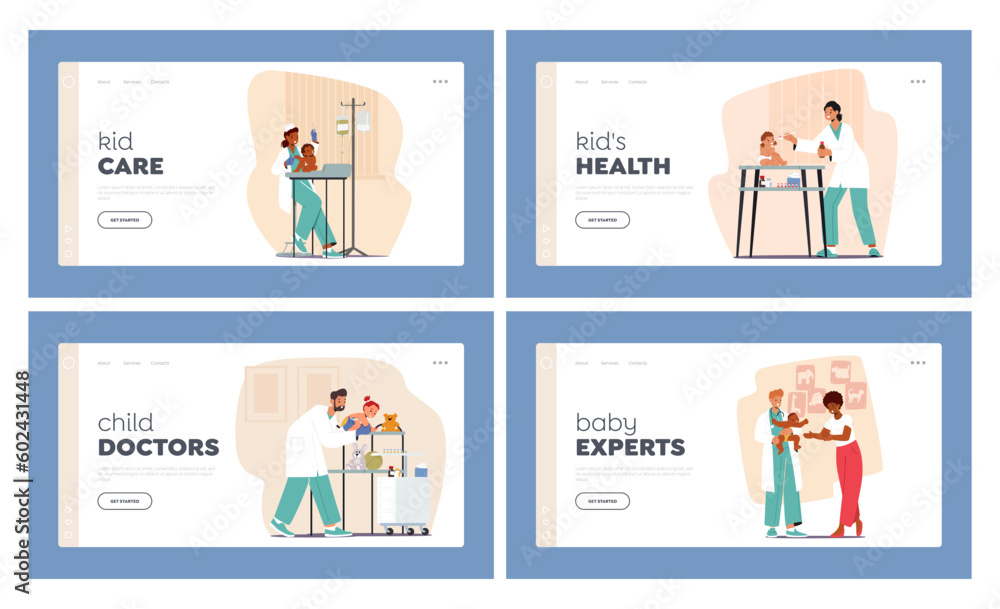 Pediatricians Landing Page Template Set. Doctor Characters Perform Baby's Checkup, Measure Weight And Height