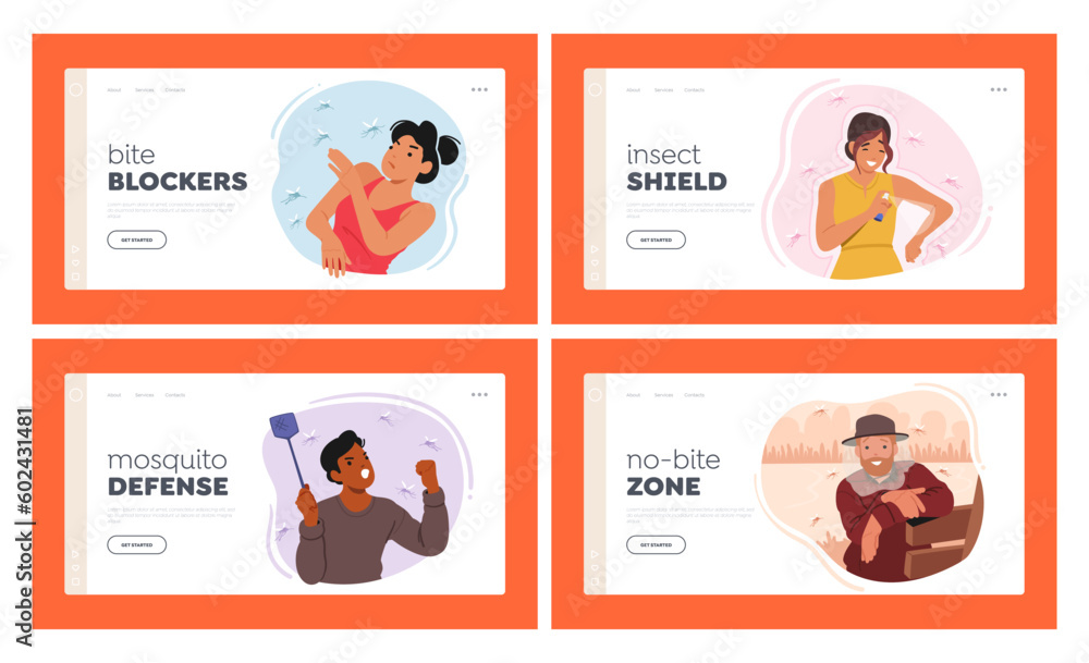 People and Insects Landing Page Template Set. Characters Suffer of Mosquito Bites Cause Discomfort, Itching People and Insects Landing Page Template Set. Characters Suffer of Mosquito Bites Cause Discomfort, Itching