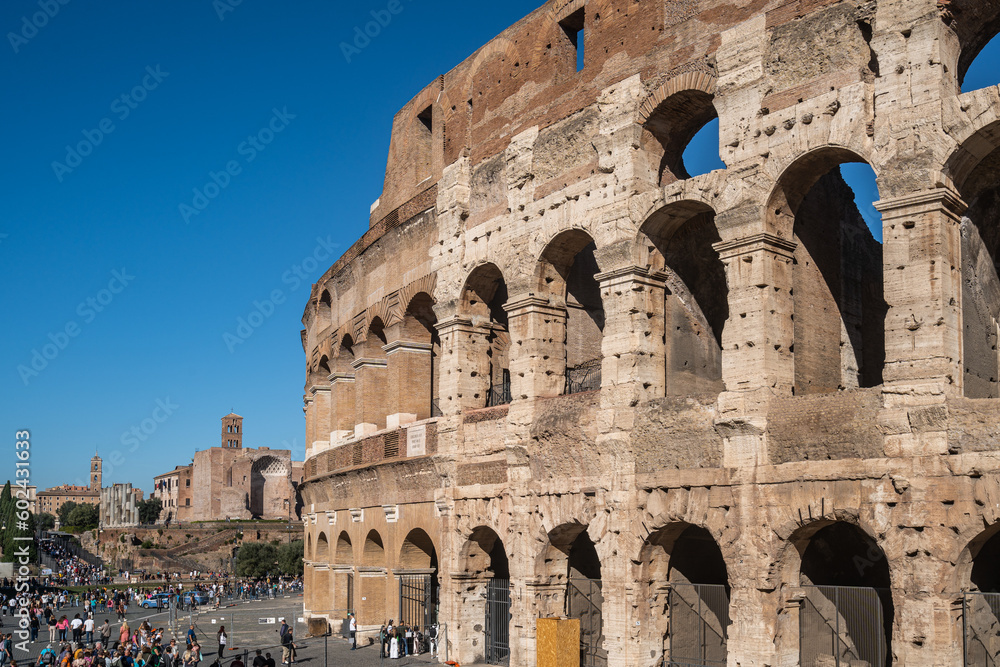 Side view of the Colosseum, one of the most iconic landmarks of Rome, Italy
