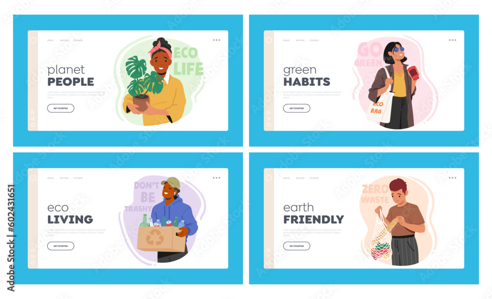 Sustainable Lifestyle Landing Page Template Set. Characters Conduct Eco Life That Emphasizes On Reducing Waste Sustainable Lifestyle Landing Page Template Set. Characters Conduct Eco Life That Emphasizes On Reducing Waste