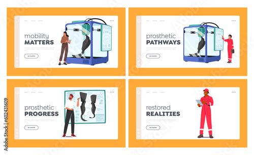 Prosthetic Innovations Landing Page Template Set. Leg Prosthesis Undergoes High-temperature Testing, Vector Illustration