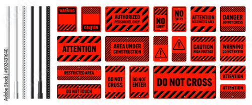 Warning, danger signs, attention banners with metal poles. Red caution sign, construction site signage. Notice signboard, warning banner, road shield. Vector illustration