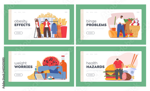 Fat Character Overeat Fast Food Landing Page Template Set. People Experience Weight Gain, Health Problems, Illustration