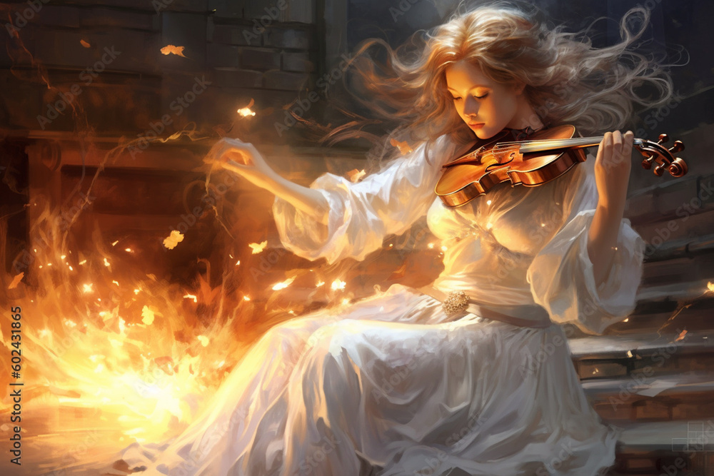 abstract background with the image of a young woman enjoying playing the violin near the magic fire. Music and witchcraft. Generative AI 