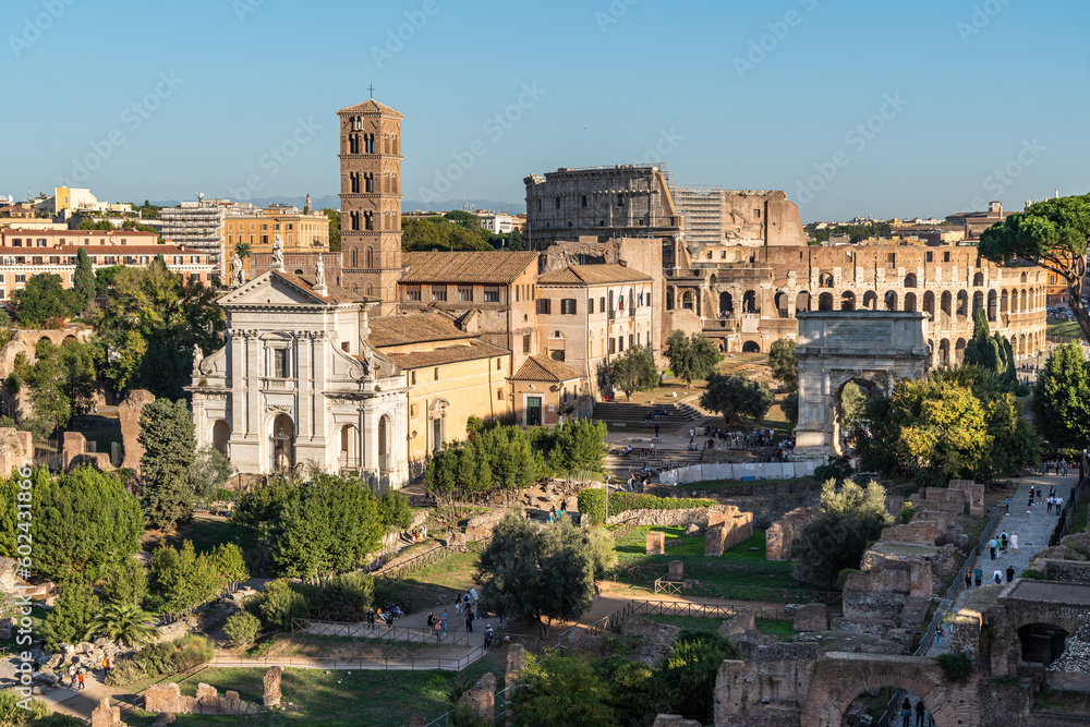 Panoramic view of Roman Forum and the Colosseum, Rome, Italy