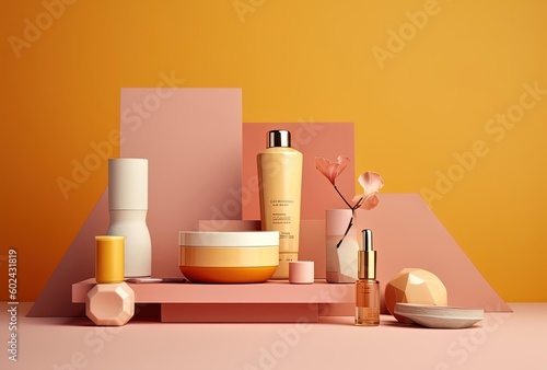 the beauty products on the yellow table and pink wall  generative ai