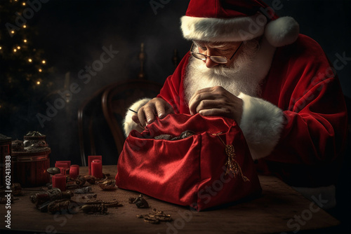 Santa Claus sews a bag for Christmas gifts.the concept of the holiday and Christmas. copyspace.  Generative AI © Margo_Alexa