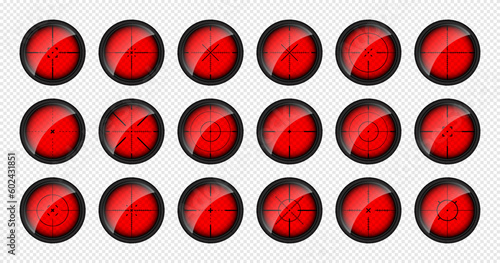 Various weapon thermal infrared sights, sniper rifle optical scopes. Hunting gun viewfinder with crosshair. Aim, shooting mark symbol. Military target sign. Game UI element. Vector illustration