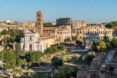 Panoramic view of Roman Forum and the Colosseum, Rome, Italy