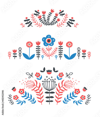 Scandinavian set ornament tile composition traditional element flower scandi north culture floral horse vector