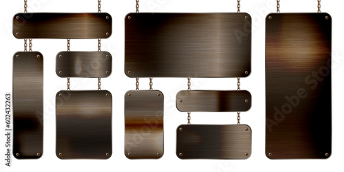 Metal banners hanging on a chain. Realistic shiny steel plate with screws. Polished rusty metal surface. Vector illustration