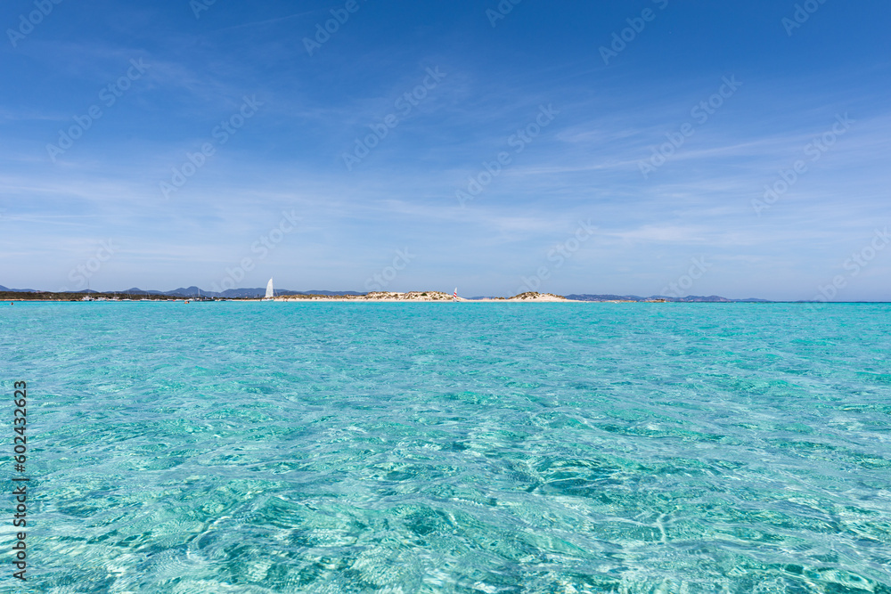 Clear turquoise waters on a beach in Formentera, with the island of s'Espalmador in the background. Balearic Islands, Spain