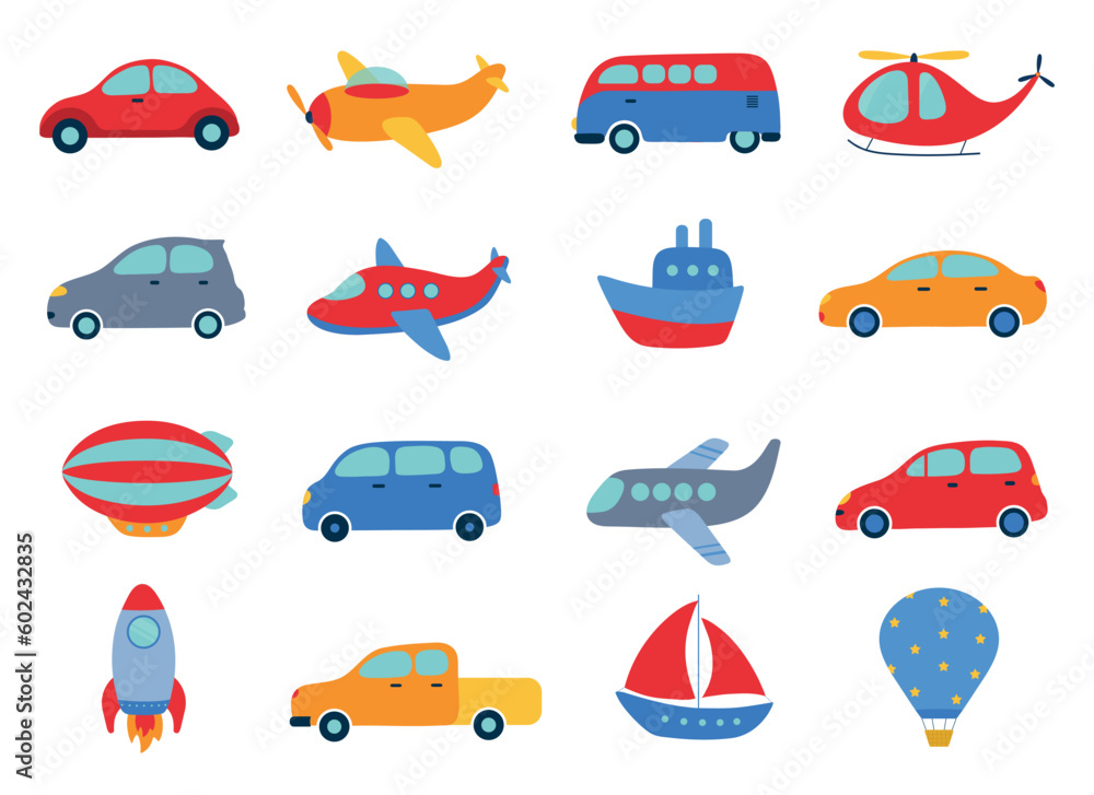 Cute vector toy transport isolated on white background. Cars, plane, helicopter, boat, yacht, rocket, van, bus, airship, pickup. Kids flat colorful set Cute vector toy transport isolated on white background. Cars, plane, helicopter, boat, yacht, rocket, van, bus, airship, pickup. Kids flat colorful set