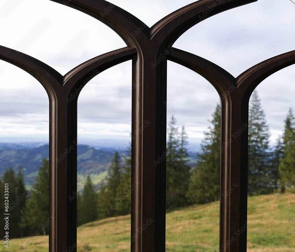 Fototapeta premium Rustic style window frame with hills and pine forest landscape background. 3d render.