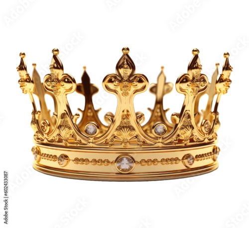 Golden crown isolated on white, transparent background, PNG, ai