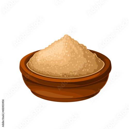 Amla powder vector illustration. Cartoon isolated brown bowl with ayurvedic medicine, amla heap in cup for making triphala, hair and face skin care remedy with vitamins from Indian gooseberry