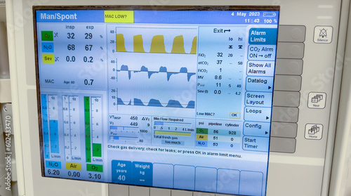 Hospital monitor symbolizes vital signs, patient care, and medical intervention wit monitoring of anesthesia, blood pressure, pulse, oxygenation, ventilation, and heart rate for patient well-being
