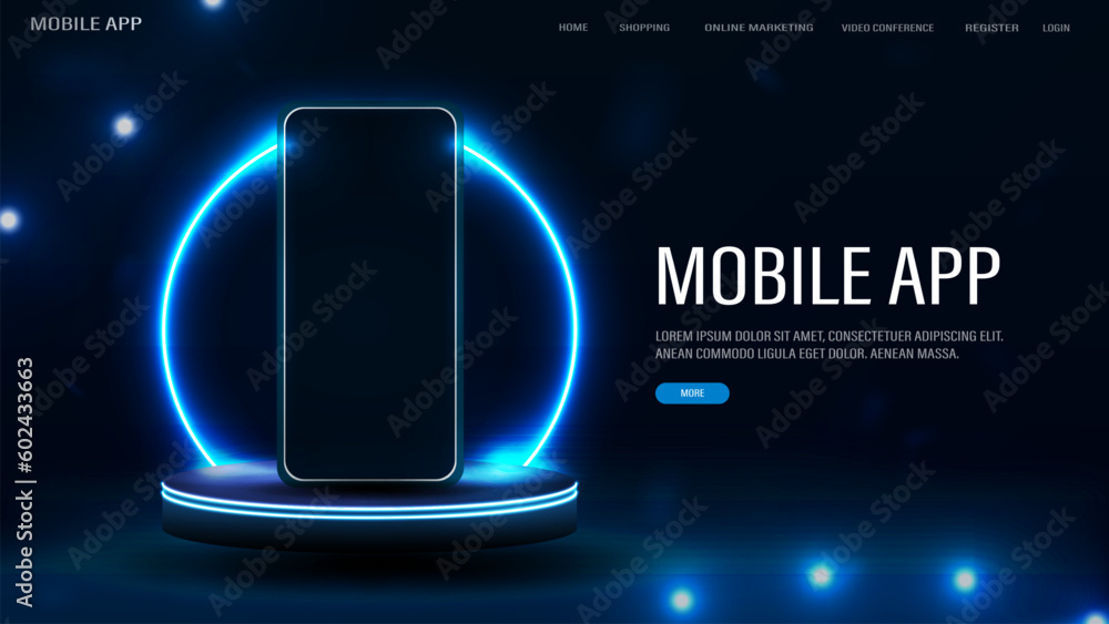A web banner with a smartphone on a podium with a neon round arch. Poster for a website with a mobile application.