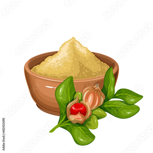 Ashwagandha branch and root powder in bowl vector illustration. Cartoon isolated cup with pile of ashwaganda root ayurvedic extract, botanical plant of Withania somnifera with red berry fruit