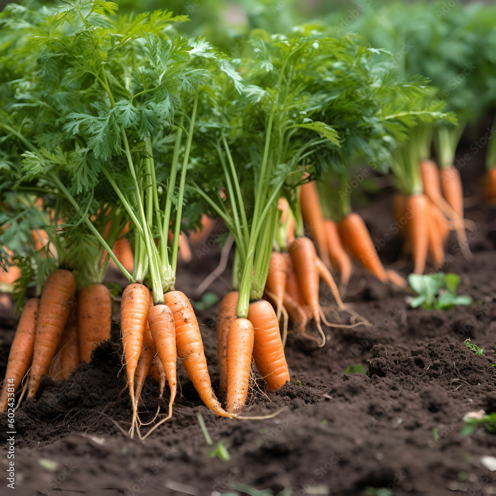 Young juicy carrots on a bed in the garden, eco products, gardening theme. Generative AI
Young juicy carrots on a bed in the garden, eco products, gardening theme. Generative AI