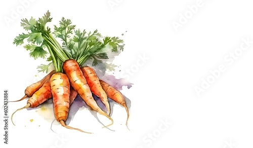 Set of watercolor carrots. Isolated illustration. Banner. Beautiful juicy carrot painted in watercolor, Generative AI
