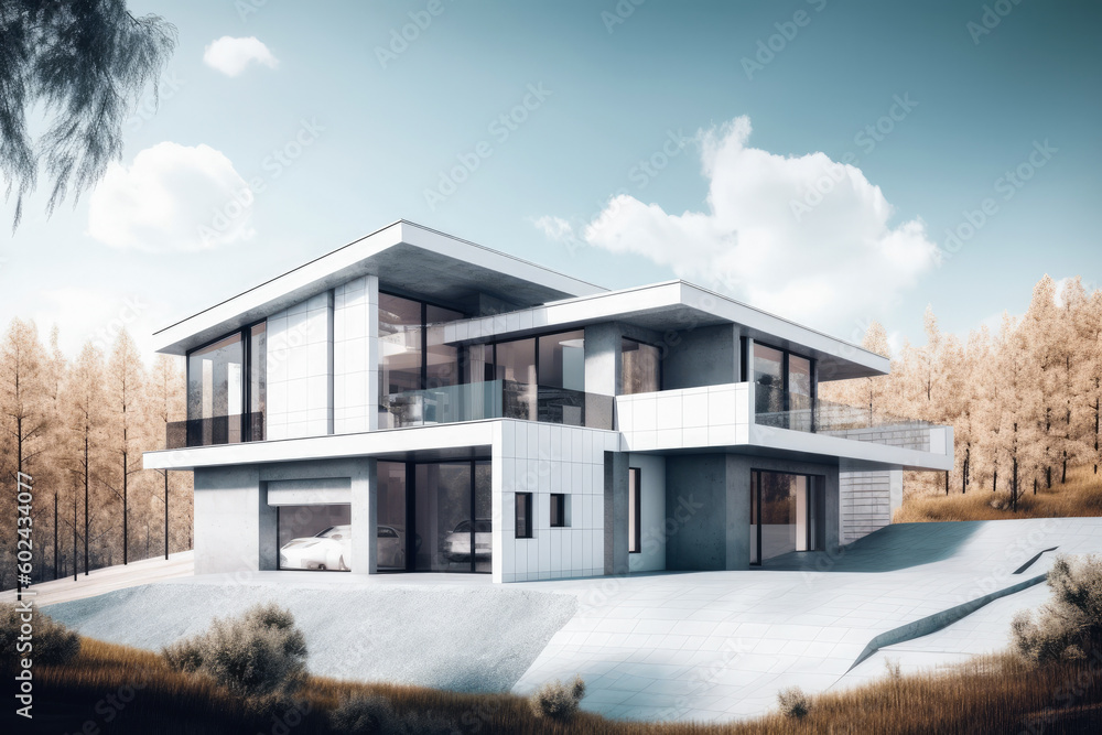Building project of a modern house, sketch mockup, 3D render. Generative AI Building project of a modern house, sketch mockup, 3D render. Generative AI
