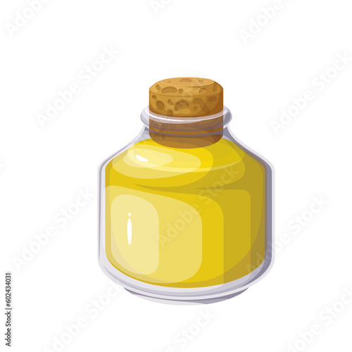 Neem oil in bottle vector illustration. Cartoon isolated glass jar with cork and golden liquid of Ayurveda medicine, alternative ayurvedic neem supplement for treatment of skin troubles, rheumatism