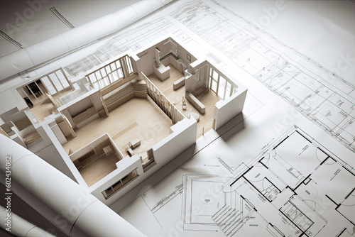 Building project plan blueprint of a modern house. Generative AI photo