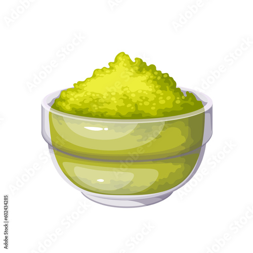 Tulsi powder pile in bowl vector illustration. Cartoon isolated glass transparent cup with dry healthy natural remedy of traditional Ayurveda medicine, organic tulsi extract heap and herbal supplement