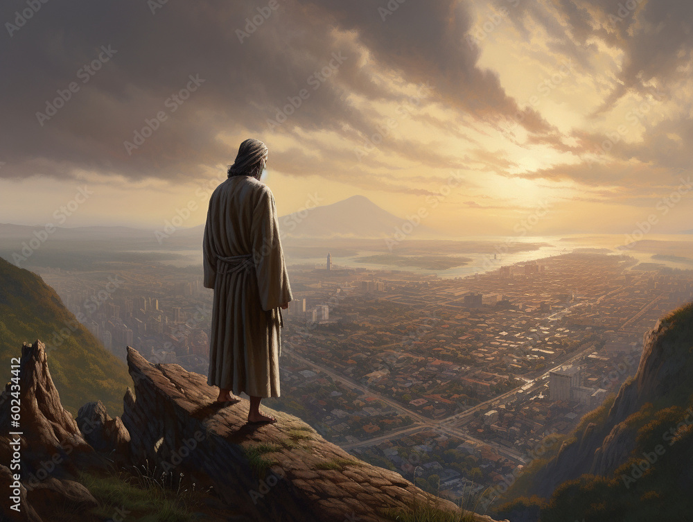 jesus on the mountain in front of a city
