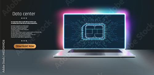 A portable neon computer with a blank screen and a desk in a dark room with blue lighting. Technological background with a laptop. Vector illustration