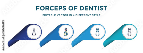 forceps of dentist tools icon in 4 different styles such as filled, color, glyph, colorful, lineal color. set of   vector for web, mobile, ui