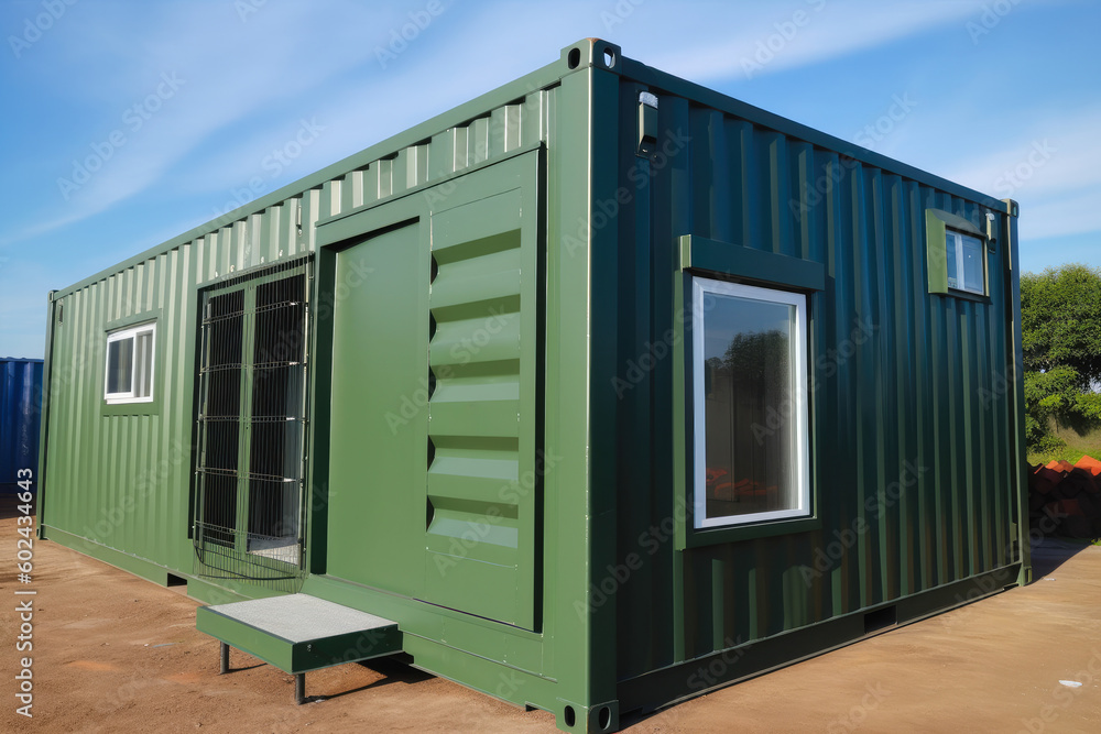 Fototapeta premium Simple container modular portable house with solar panels and porch. Concept. Generative AI