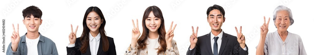 Set of asian people giving a peace sign isolated on transparent background - Fictional Person, Generative AI Set of asian people giving a peace sign isolated on transparent background - Fictional Person, Generative AI