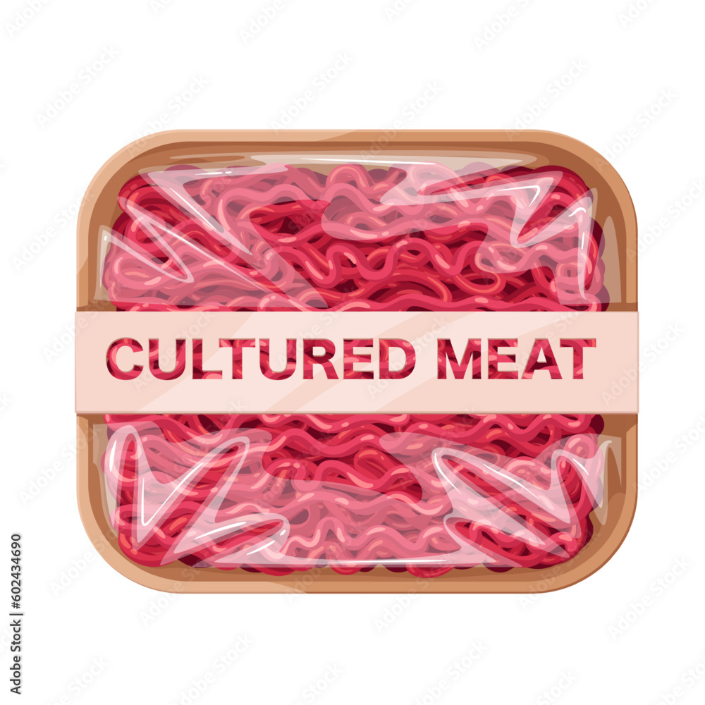 Cultured ground meat in plastic tray vector illustration. Cartoon isolated chopped meat for stuffings in package with polyethylene, packaging with minced product growing from beef or pork cells Cultured ground meat in plastic tray vector illustration. Cartoon isolated chopped meat for stuffings in package with polyethylene, packaging with minced product growing from beef or pork cells